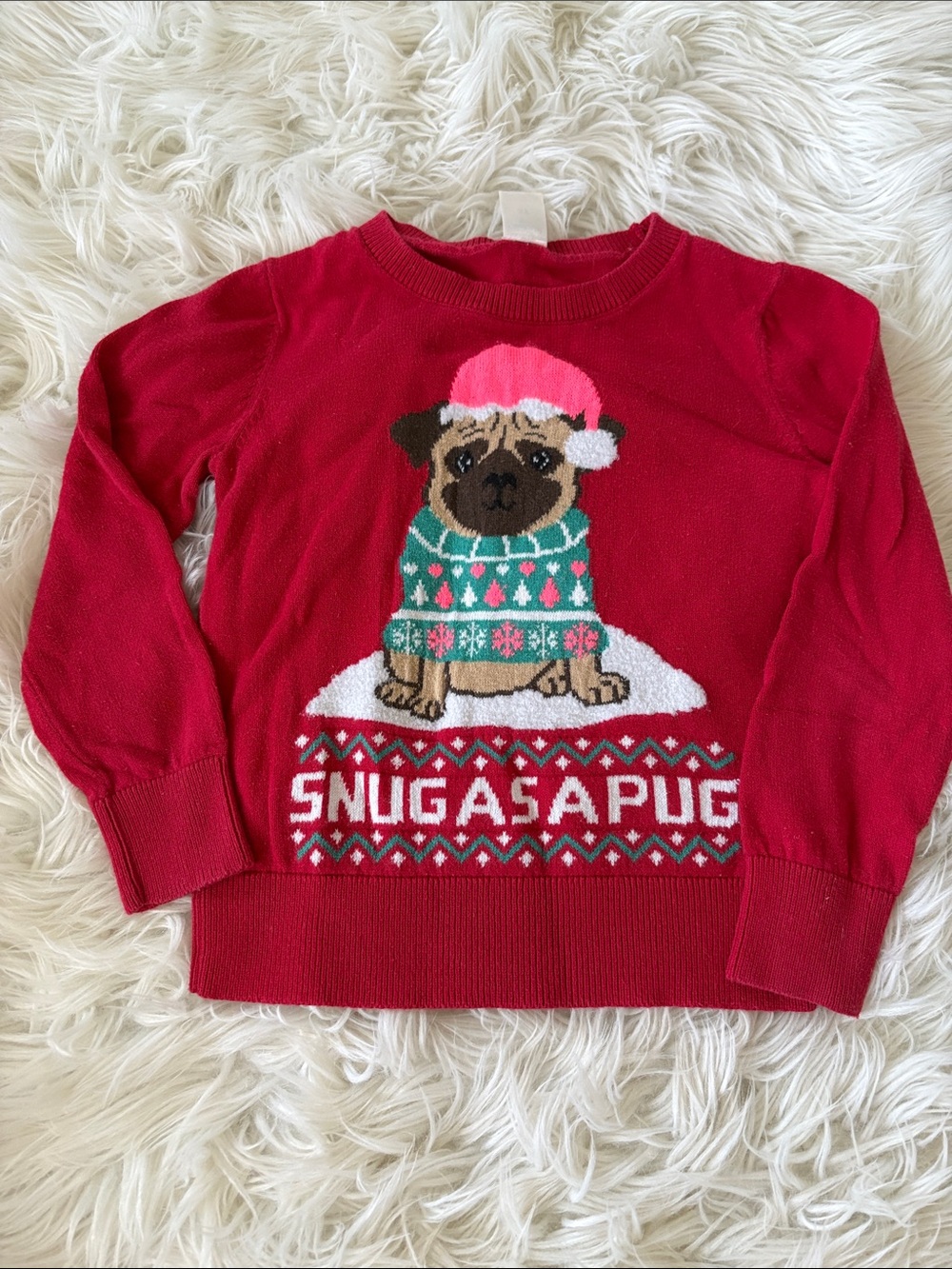 OshKosh B'gosh Red Pug Holiday Sweater with Green Sweater and Pink Hat